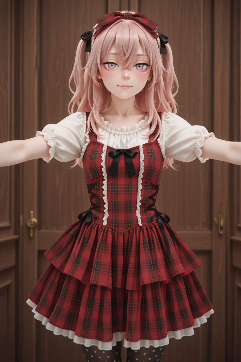 masterpiece, best quality, amazing quality, 1girl, solo, makeup, general, looking at viewer, blush, cowboy shot, smile, boutique, indoors, fancy, blush, lovely, spread arms, looking at viewer, <lora:sajuna-inui-s1-illustriousxl-lora-nochekaiser:1>, sajuna inui, inui sajuna, long hair, bangs, hair ornament, hair between eyes, pink hair, pink eyes, two side up, crossed bangs, black flower, black rose, mature female, small breasts, <lora:Showaretrocakeskirtdress:1>, Showaretrocakeskirtdress, plaid, red dress, hair bow, pantyhose, black footwear, polka dot legwear, (layered skirt:1.2), ribbon, (ribbon plaid hairband:1.1), white short sleeves, frill, <lora:wai-2Rectified-V140:1>, <lora:Illustrious_-_Refiner:1>