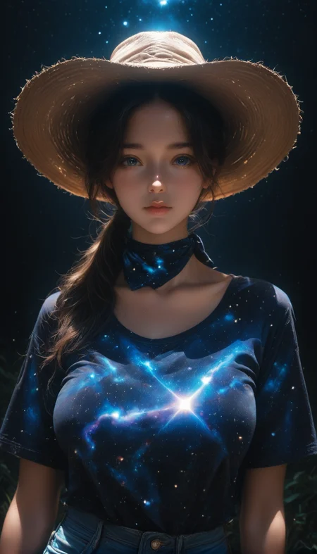 <lora:LCMTurboMix_Euler_A_fix:1> <lora:example_SDXL:0.3>, EZRealPONYXL, <lora:Dramatic Lighting Slider:3> <lora:realistic filter [IL]: 1>
DSLR,realistic,cosplay photo, (very awa,masterpiece,best quality,year 2024,newest,absurdres,highres:1), realistic,skin texture,facial features, photography shot with Canon EOS 5D Mark IV , realistic, RAW, best quality, masterpiece, amazing quality, skin details,
highly detailed beautiful face, large natural breasts,
detailed background, shiny skin, dutch angle, night, moonlight,
beautiful detailed eyes, intricate details, absurdres, anime screencap,
<lora:AddMicroDetails_Illustrious: 0.5> , addmicrodetails,
artist: onono imoko, artist: taesi,
high_quality, highres, detailed, masterpiece, best quality, absurdres, woman wearing Jedcwb, cowboy outfit, wide-brim hat, bandana, jeans,  black background, over-the-shoulder ponytail, bangs,  posing,  diagonal_angle,   <lora:CowgirlIL-000002:1>
 <lora:galaxyXLP:1> (galaxy print shirt : 1.5), (galaxy sky 1.5),
