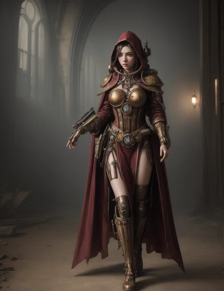 Ultra-realistic 8k CG, masterpiece, best quality, (very detailed face),masterpiece, best quality, 1girl, 20 years old, woman, colorful, (full body, wide shot),  <lora:more_details:0.8>  <lora:techpriest:0.8> mechanical arms, steampunk, hood, robe, techpriest, forgeworld, adeptus mechanicus,