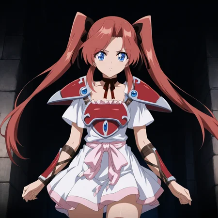 solo,anime coloring,looking at viewer,cowboy_shot,masterpiece,high score,great score,absurdres,<lora:Skuld ag4o:1> skuld, red hair, twintails, blue eyes,armor,