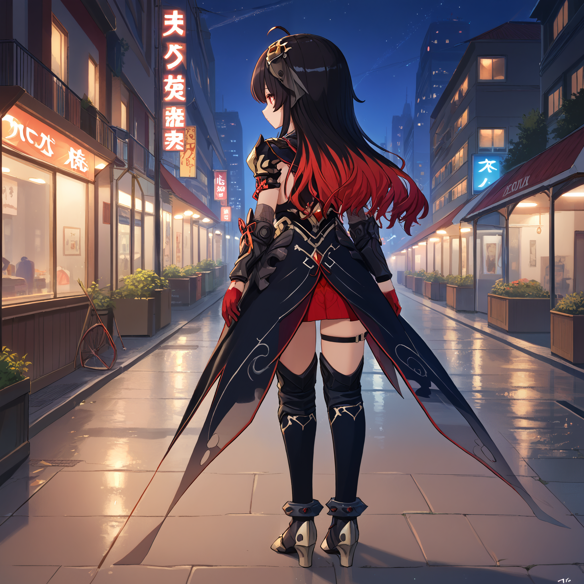 score_9, score_8_up, score_7_up, score_6_up, score_5_up, score_4_up, BREAK source_anime, look at viewer, rating_safe, 1girl, solo, outdoors, night, city, full body, standing, from behind, look back, masterpiece, best quality, high detailed skin,  seele vollerei \(starchasm nyx\), long hair, multicolored hair, black hair, red hair, hair ornament, ahoge, red eyes, armor, black dress, red gloves, thigh strap, thighhighs,