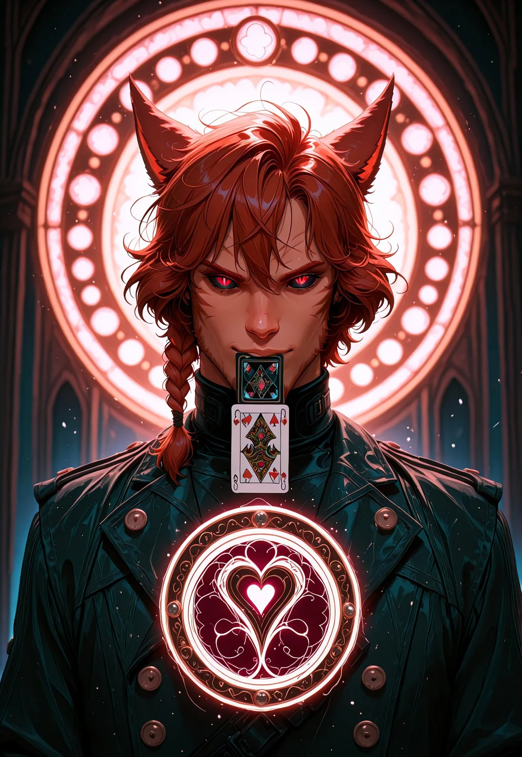 masterpiece, very aesthetic, best quality, absurdres, newest, SMN0UV34UDSK, art nouveau, R3MYL3BEAU, miqo'te, animal ears, cat ears, solo, facial mark, red eyes, colored sclera, black sclera, short hair, auburn hair, blurry background, blurry, 1boy, male focus, looking at viewer, slit pupils, whisker markings, upper body, scar, single braid, mouth hold, playing cards, card, glowing, negative space, belle époque, jugendstil, secession, liberty, guimard, mucha, klimt, fin de siècle, anime screencap, retro art style, flat color,