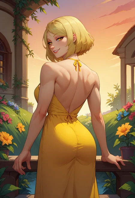 score_9, score_8_up, score_7_up, BREAK 1girl, solo, LanaBeniko, yellow eyes, medium hair, blonde hair, <lora:LanaBenikoPDXL_V1-Manityro-CAME:1.0>, outdoors, sunset, garden, flowers, 
looking at viewer, smile, bedroom eyes, toned, slim,
yellow sundress, yellow dress, rear view,