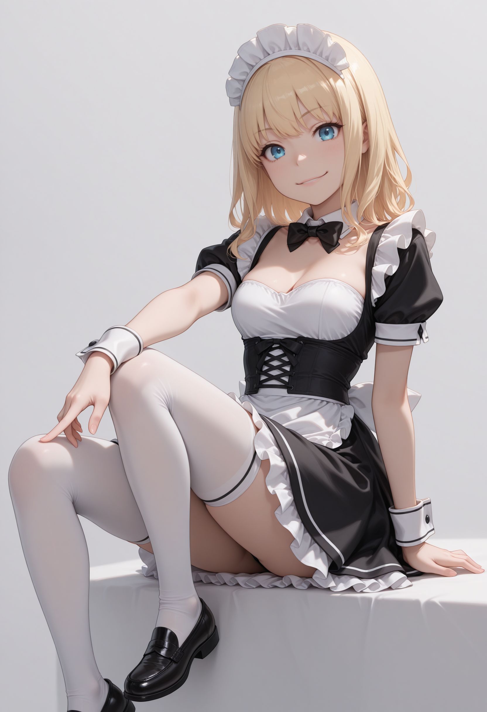 masterpiece,best quality,absurdres,highres,very aesthetic,high quality,detailed,insanely detailed,beautiful,perfect lighting, looking at viewer, looking at viewer, 
 <lora:Leivinia Birdway illu:1> 1girl, white thighhighs, blonde hair, blue eyes, maid headdress, smile, maid apron, shoes, detached collar, looking at viewer, black bow, wrist cuffs, loafers, black bowtie, simple background, black footwear, grey background, frills, sitting, breasts, dress, short sleeves