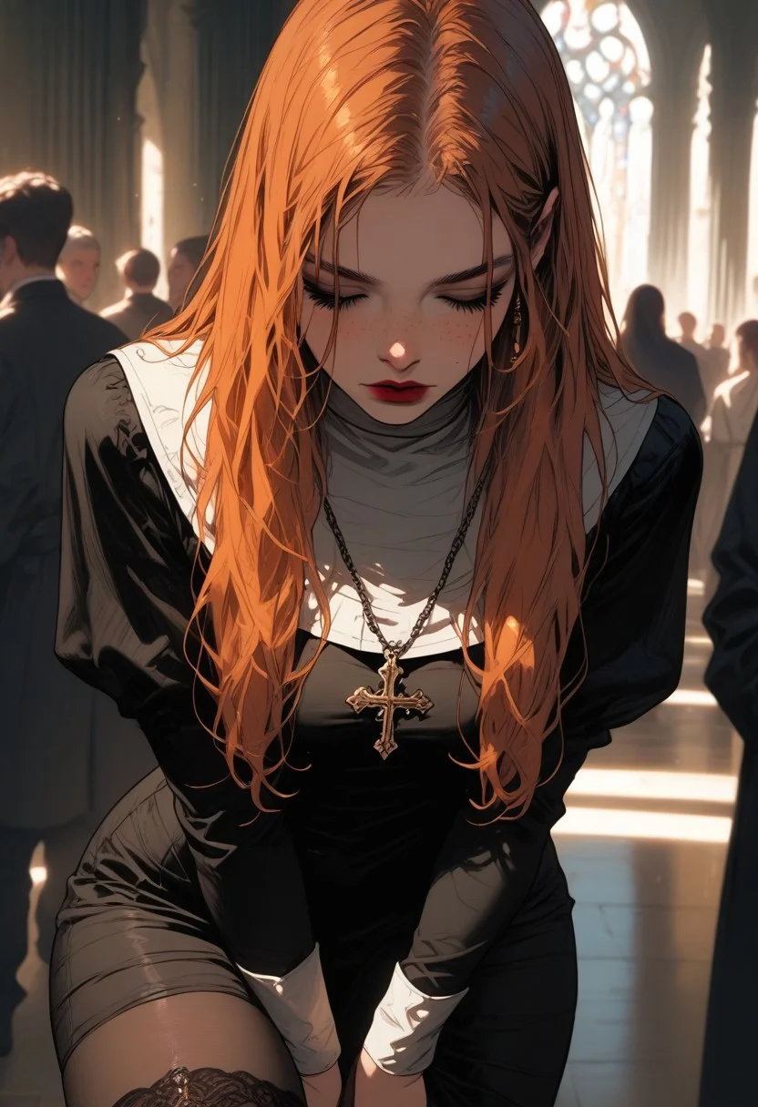 masterpiece,best quality, highly detailed, score_9, score_8_up, score_7_up, score_6_up, source_cartoon,
BREAK
BREAK
1girl, solo, gray medieval square, medieval setting, daytime, natural lighting, girl standing, facing camera, (orange hair), dark green eyes, (long hair), dark red lipstick, cute girl, perfect round face, decorations on body, freckles, touching hair, (shy), (looking down), (intricate nun outfit), athletic, (wide hips, thick thighs:1.6), (big half-closed eyes), crowd in background, detailed textures, raw emotion, explicit focus, danger tension.
BREAK
dynamic light, warm_light, vibrant colors warm_colors, soft focus, high contrast, textured surfaces, depth of field, golden hour lighting, dramatic shadows, rich details, nature-inspired color palette, playful composition.
,dynamic angle,dynamic light,background,