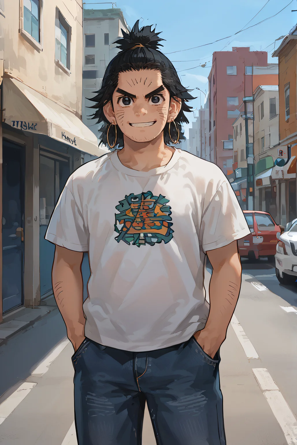 score_9, score_8_up, source_anime,
1boy, solo, chikapashi, black hair, black eyes, topknot, facial marks, hoop earrings,
t-shirt, white shirt, short sleeves, pants, jeans, street, hand in pocket, standing, smile,
<lora:Smooth Style 2 SDXL_LoRA_Pony Diffusion V6 XL:0.8> <lora:chikapashi:1>