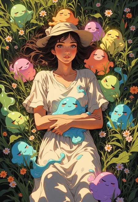 An adventurous traveler lies on her back in a lush meadow, view from above, surrounded by adorable, squishy slime monsters of all shapes and sizes. The slimes come in vibrant colors—translucent green, soft pink, glowing blue, sunny yellow, and shimmering purple—each with round, smiling faces and playful, wobbly movements. Some slime creatures are gently piling up near her, curiously nudging her with gooey, jiggly bodies while others bounce around joyfully. The traveler, uneasy smile, holds a particularly chubby, glowing blue slime in her arms, hugging it close like a squishy pillow. The slime beams with happiness, its gooey form gently wrapping around her hands as if hugging her back. More slimes pile playfully on her legs and shoulders, while others leave faint, glimmering trails on the grass. Sunlight filters softly through the trees, casting a warm glow on the scene, and the entire moment radiates a magical, lighthearted charm.