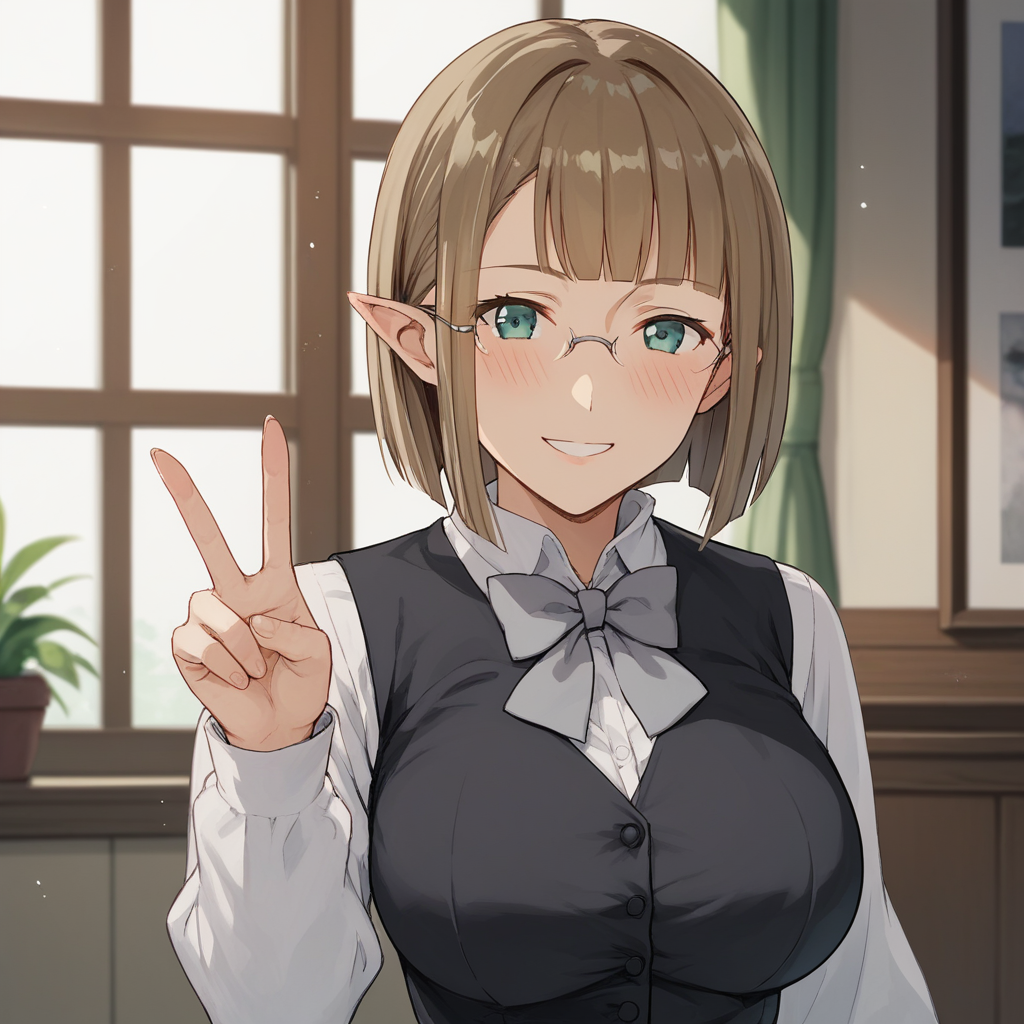 score_9, score_8_up, score_7_up, source_anime, BREAK <lora:Eina Tulle - Danmachi V2-000009:1> Eina Tulle, bob cut, glasses, 1girl, breasts, solo, large breasts, looking at viewer, vest, shirt, indoors, long sleeves, grey bowtie, blush, white shirt, black vest, grey bow, smile, v