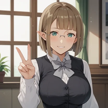 score_9, score_8_up, score_7_up, source_anime, BREAK <lora:Eina Tulle - Danmachi V2-000009:1> Eina Tulle, bob cut, glasses, 1girl, breasts, solo, large breasts, looking at viewer, vest, shirt, indoors, long sleeves, grey bowtie, blush, white shirt, black vest, grey bow, smile, v