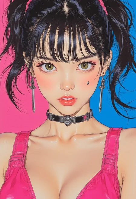 pingtu style, illustration-fen, a stunning woman with voluptuous breast, anime-style, ultra-realistic, glossy skin, large expressive green eyes, long lashes, perfect lips, vivid makeup, soft blush, smooth texture, shiny pink lipstick, stylized mole under eye, high-detail, futuristic choker, bold earrings shaped like swords, twin buns hairstyle with pink streaks, straight cut bangs, vivid lighting, electric blue and hot pink color palette, vibrant background, retro 90s anime poster vibe, sharp shadows, cinematic focus, symmetrical face, pop-art inspired, hyperdetailed, rendered in the style of H.R. Giger meets Beksinski