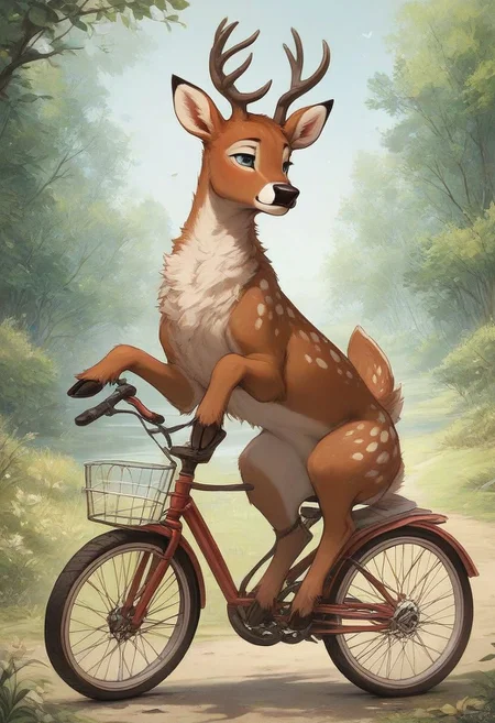 score_9, score_8_up, score_8, solo, (fluffy:0.5), (feral:1.3), furry, (((deer))), male, fluffy, chest fluff, in the style of beatrix potter, outdoors, (solo:2), riding a bicycle