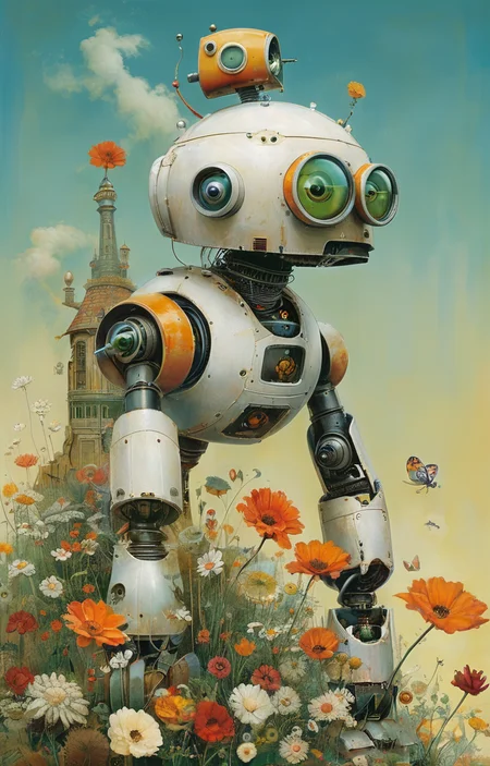 masterpiece,best quality,<lora:tbh357-sdxl:0.6>,illustration,style of Daniel Merriam portrait of Housework robots