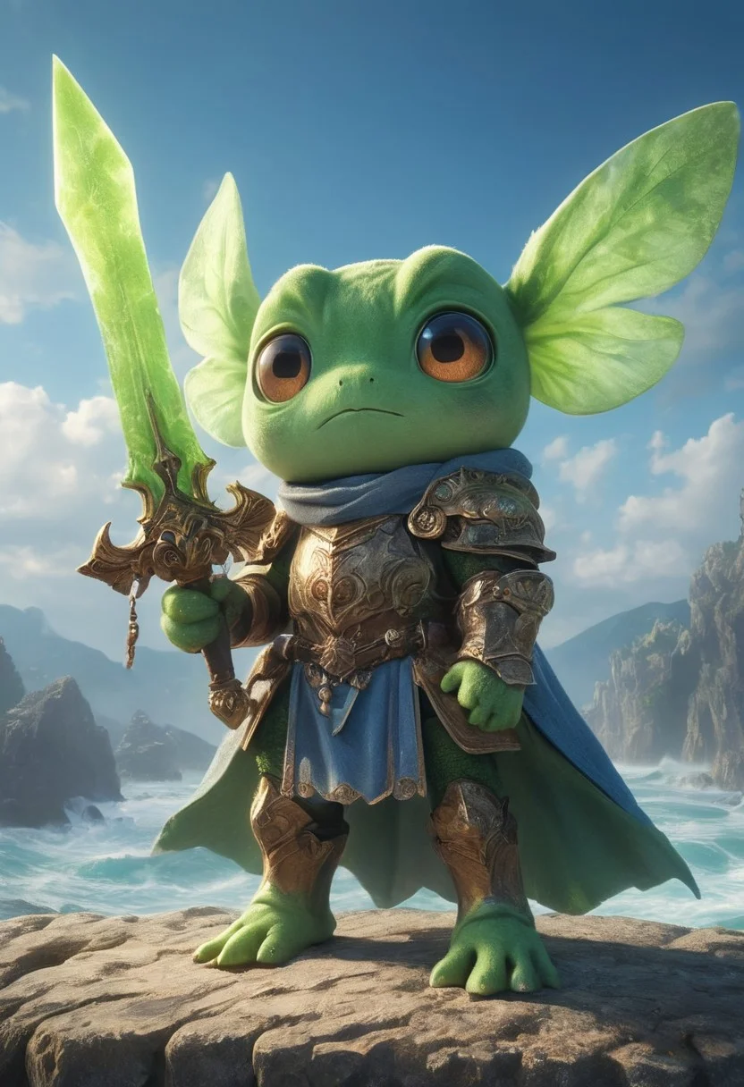 Cute Animals page: A captivating photograph featuring Keroppi, a frog character with large eyes and a V-shaped mouth, reimagined as a weathered Chibi Knight ral-plsy plush figure. Its ancient plush form is adorned with glass eyes and a giant mystical ethereal translucent dark-red sword, a creation from the visionary Junji Ito. standing on a rough cliff at the sea, blue sky, billowing cloud backdrop, seagulls are flying, This masterpiece exudes detailed artistry and is captured in HD, RAW image, showcasing top-tier craftsmanship.
Bask in the atmospheric lighting and cinematic composition, with a complex interplay of multiple subjects. This 4K HDR image bursts with vibrancy and intricate detail, captured through the lens of a Leica Q2 with a Summilux 35mm f/1.2 ASPH. The ultra-high resolution and rich textures bring every facet to life, from the hyper-detailed eyes to the elaborate background.
Admire the dramatic angles and epic composition, all rendered in hyperrealistic glory. This high-quality, 8K RAW photograph is the epitome of visual excellence, making it a perfect wallpaper for those who appreciate the fusion of ancient mystique and sweet charm.