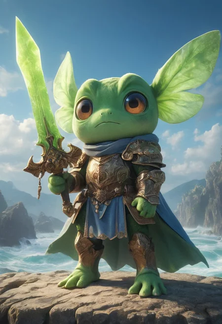 Cute Animals page: A captivating photograph featuring Keroppi, a frog character with large eyes and a V-shaped mouth, reimagined as a weathered Chibi Knight ral-plsy plush figure. Its ancient plush form is adorned with glass eyes and a giant mystical ethereal translucent dark-red sword, a creation from the visionary Junji Ito. standing on a rough cliff at the sea, blue sky, billowing cloud backdrop, seagulls are flying, This masterpiece exudes detailed artistry and is captured in HD, RAW image, showcasing top-tier craftsmanship.
Bask in the atmospheric lighting and cinematic composition, with a complex interplay of multiple subjects. This 4K HDR image bursts with vibrancy and intricate detail, captured through the lens of a Leica Q2 with a Summilux 35mm f/1.2 ASPH. The ultra-high resolution and rich textures bring every facet to life, from the hyper-detailed eyes to the elaborate background.
Admire the dramatic angles and epic composition, all rendered in hyperrealistic glory. This high-quality, 8K RAW photograph is the epitome of visual excellence, making it a perfect wallpaper for those who appreciate the fusion of ancient mystique and sweet charm.