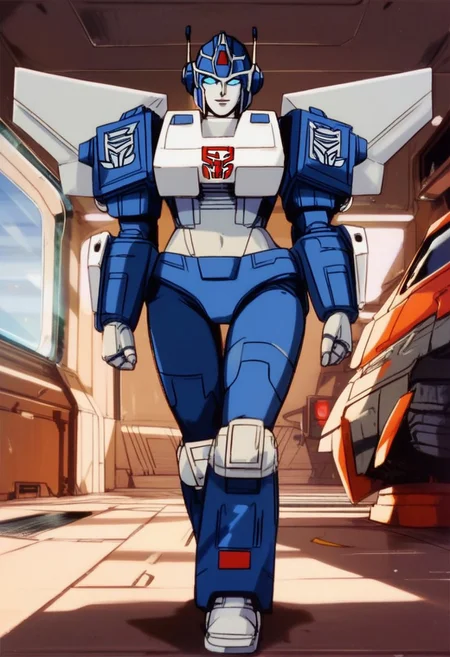 score_9, score_8_up, score_7_up, animation, transformers, 1girl, robot, Decepticon, Tall, slim, Seeker, Starscream glowing eyes, blue eyes, large eyes, circular eyes, white armour (minor blue detail), forward long jet swept wings, transforms into futuristic Stealth Mig Fighter Jet, full body, cowboy shot, smiling, holding null ray blasters, Decepticon Symbol, long skirt armour (split in middle) head crown,
<lora:StarScream1.2:1>
