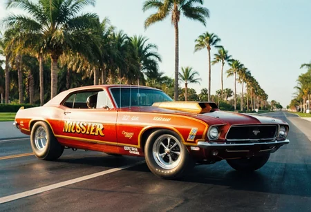 VintageMuscleCar, dragster, side view, road, palm trees, landscape, outdoors, 4K, highly detailed, (stylish grainy analog 35mm film photo)
