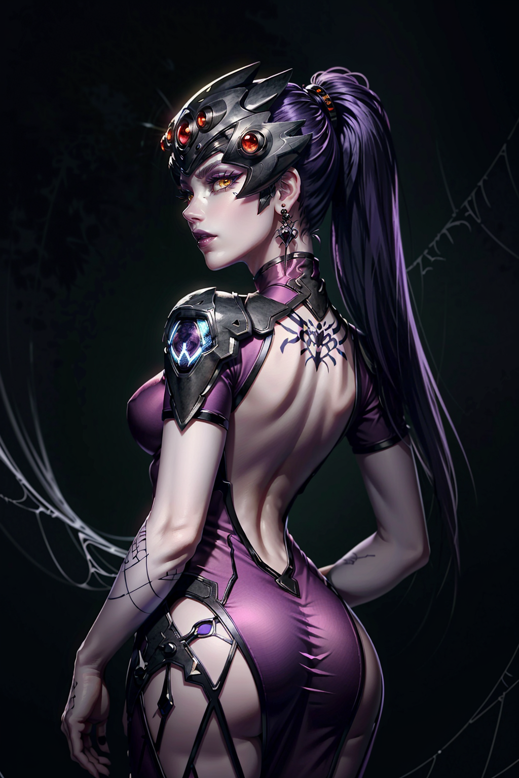 (masterpiece, best quality)
1girl, solo, looking at viewer, hair ornament, dress, jewelry, yellow eyes, purple hair, ass, cowboy shot, earrings, looking back, from behind, nail polish, lips, tattoo, makeup, alternate hairstyle, colored skin, back, chinese clothes, bug, lipstick, black nails, china dress, purple dress, backless outfit, backless dress, purple skin, purple lips, back cutout, silk, spider web, head-mounted display, back tattoo, spider, widowmaker \(overwatch\), WidowOver
<lora:epi_noiseoffset2:1>, <lora:WidowOver:0.8>