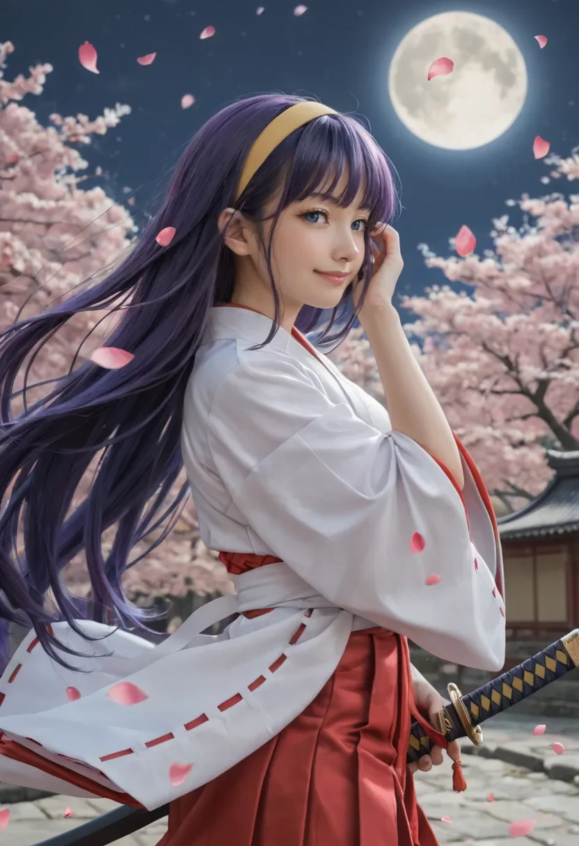 1girl,adjusting hair,blue eyes,blue hair,blue hakama,closed mouth,floating hair,from side,hairband,hakama,holding,holding sword,holding weapon,japanese clothes,katana,long hair,moon,nontraditional miko,petals,purple hair,sheath,sheathed,smile,solo,sword,very long hair,weapon,wide sleeves,wind,yellow hairband