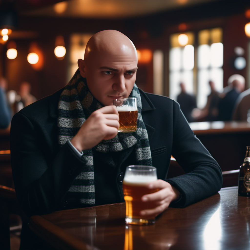 cinematic photo a bald man, scarf, having a beer in a pub  <lora:Gru1024:0.8> . 35mm photograph, film, bokeh, professional, 4k, highly detailed