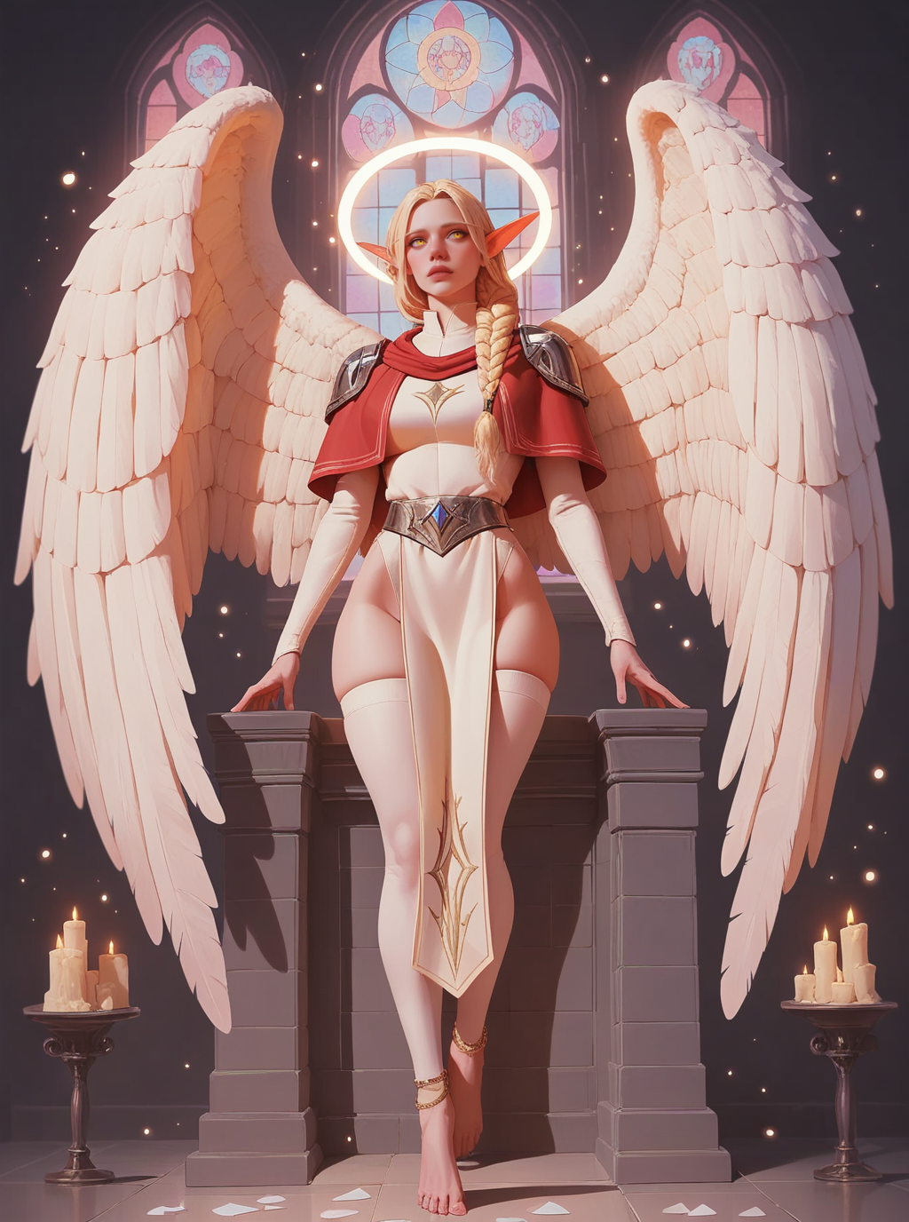 sref20240916, pastel colors, full body of elf woman wearing white tabard and red capelet, nose, lips, pauldrons, blonde, single braid, wide hips, legwear, barefoot, anklet, glowing angel wings, glowing halo, yellow eyes, particles, night, dark atmosphere, temple indoors, candles, stained glass windows, solo, glass shards, dynamic pose <lora:sxz-sref20240916:0.8>