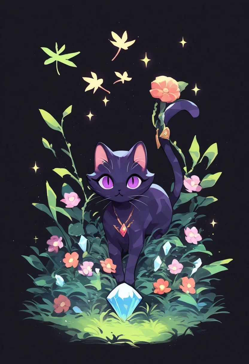 score_9, score_8_up, score_7_up,
c0l0r1f1c4t10npurpl3,ColorificationPurple,Colorification Purple, solo, looking at viewer, simple background, jewelry, purple eyes, full body, flower, no humans, sparkle, leaf, cat, grass, black background, gem, crystal, animal focus