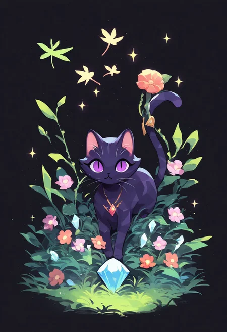 score_9, score_8_up, score_7_up,
c0l0r1f1c4t10npurpl3,ColorificationPurple,Colorification Purple, solo, looking at viewer, simple background, jewelry, purple eyes, full body, flower, no humans, sparkle, leaf, cat, grass, black background, gem, crystal, animal focus