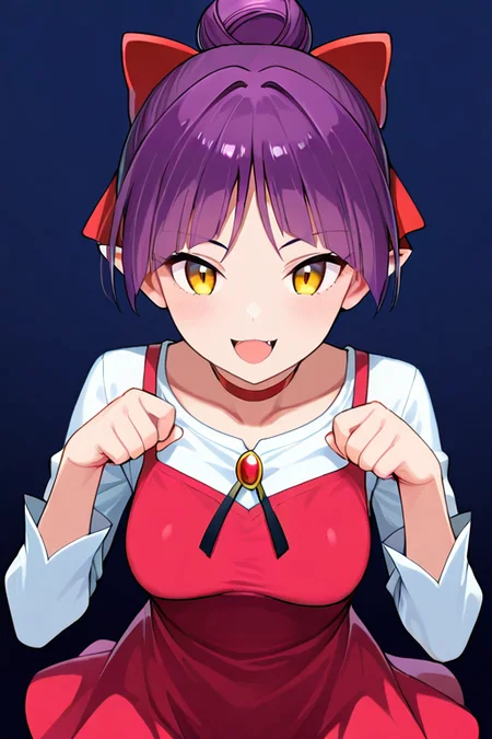 masterpiece, High quality, Ultra detailed, 2d, newest, absurdres, highres, BREAK
1girl, solo, <lora:nekomusume:0.8>, nekomusume, short hair, purple hair, single hair bun, hair bow, red bow, yellow eyes, pointy ears, red choker, 
medium breasts, nekonedef, collarbone, long sleeves, white shirt, brooch, short dress, pinafore dress, red dress, 
looking at viewer, smile, open mouth, hands up,