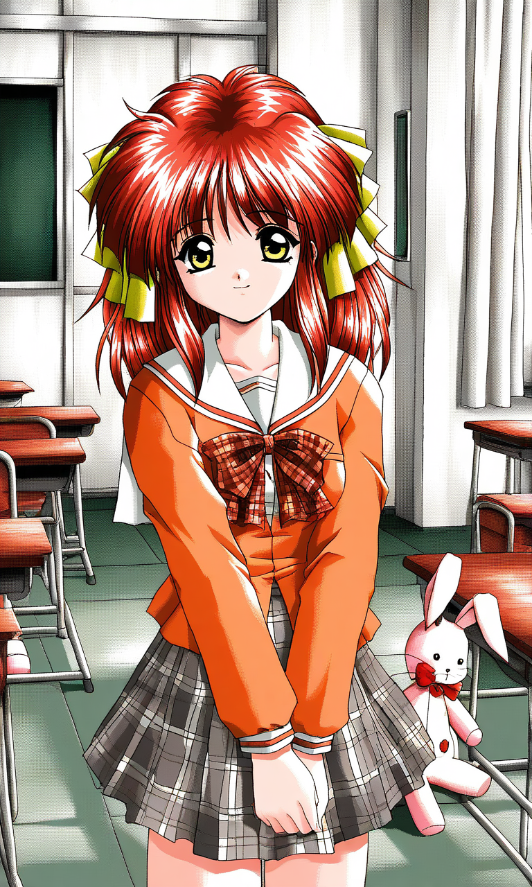 general,highres, ultra-detailed,very aesthetic,best quality ,best hands, BREAK <lora:Kisaragi_Hina_Akumu_AoiKajitsunoSange_IS:1>
Kisaragi_Hina, 1girl, solo, red hair,  medium hair, yellow eyes, hair ribbon, small breasts,
pink and black rabbit, stuffed toy, 
light smile, orange school uniform, ribbon, white+gray skirt, outdoors, v arms, check skirt, plaid bow, long sleeves, serafuku, School, class room, curtain.