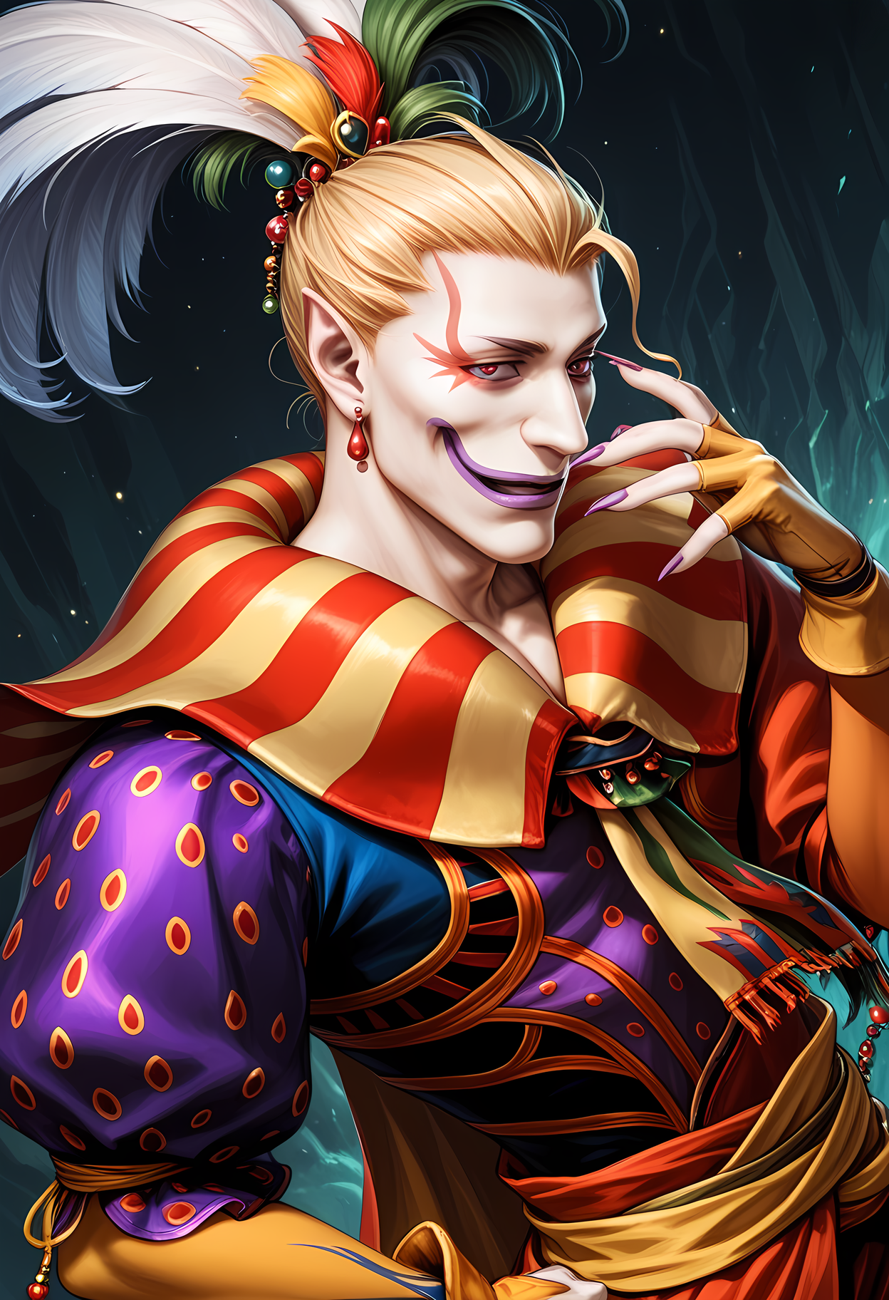 masterpiece, best quality, amazing quality, dutch angle, abstract background, BREAK
solo, 1boy, male focus, ff6_kefka, clown makeup, blonde hair, feathers, jester hat, jester outfit, upper body focus, BREAK
<lora:cfg_scale_boost:.6> <lora:Kefka_Palazzo_-_Final_Fantasy_VI_-_ILXL:1>