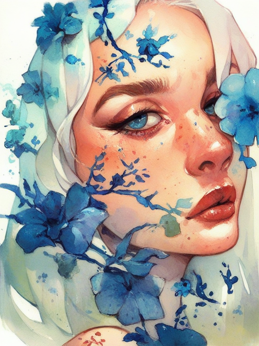 score_9, score_8_up, score_7_up, score_6_up, <lora:blu31nk:1> blu31nk, solo, 1girl, white hair, traditional media, watercolor, white background, white and blue, blue vines and floral,  beautiful,
