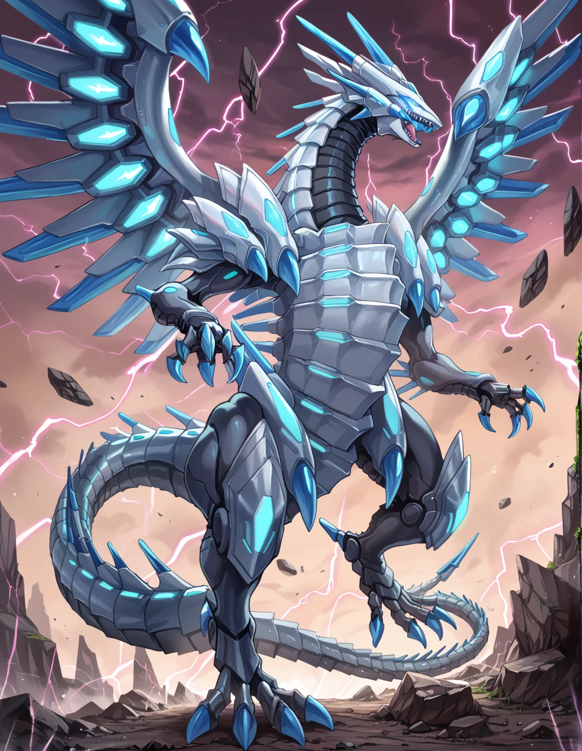 (score_9:0.9),score_8_up,score_7_up,rating_safe,anime style,(zPDXL),(zPDXL3),
<lora:blue eye chaos max dragon ponyXL v1.2:0.75>,mecha dragon,blue eye chaos max dragon,mecha dragon,duel disk,rock,lightning,electricity,open mouth,glowing eyes,flying,full body,