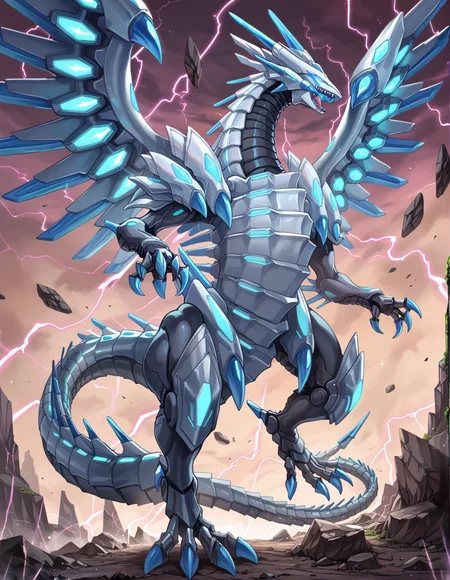 (score_9:0.9),score_8_up,score_7_up,rating_safe,anime style,(zPDXL),(zPDXL3),
<lora:blue eye chaos max dragon ponyXL v1.2:0.75>,mecha dragon,blue eye chaos max dragon,mecha dragon,duel disk,rock,lightning,electricity,open mouth,glowing eyes,flying,full body,