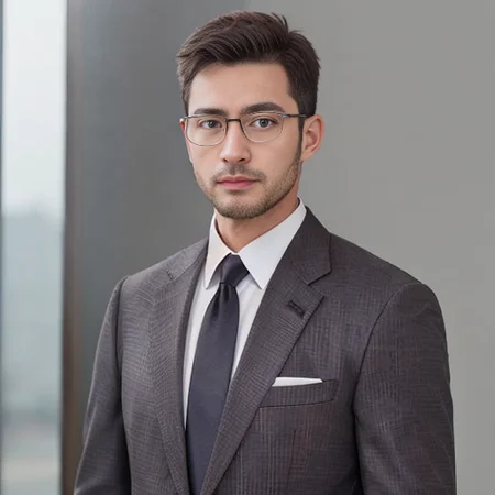 Realistic, (masterpiece, best_quality:1.1), a man wearing glasses standing in front of a glass door with a cross on it, zegna, Drop+7, Double vents, Notch lapels, Flap pockets, 2-button closure, Fully lined, Deconstructed, 100%+Wool, Grey, suits, young, wearing a undercloth and tie, oxford knot