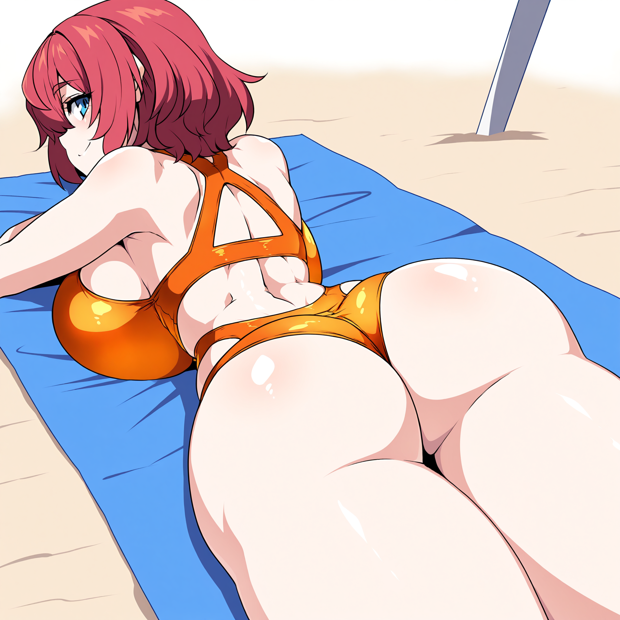 (masterpiece), best quality, (highly detailed), 1female, solo,<lora:Lazy_Ant_style_Illustrious:0.8>, lying on stomach, from behind, big ass, wide hips, looking back, beach, blue beach towel, orange single piece swimwear, red hair, short hair, blue eyes, smile, big breasts, plump,