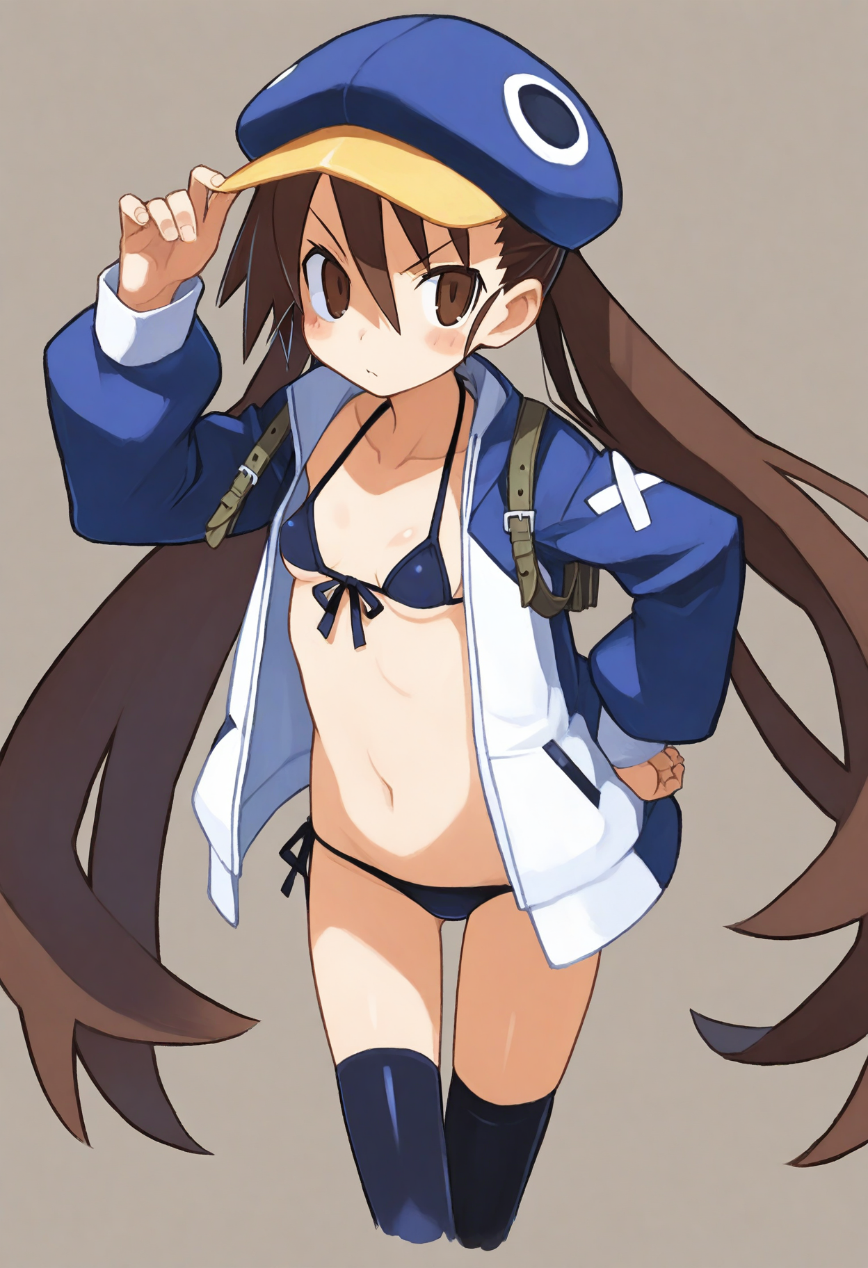 <lora:kazamatsuri_fuuka_illust>, 1girl, kazamatsuri fuuka, harada takehito, bikini, blue hat, breasts, brown eyes, brown hair, female focus, hat, jacket, long hair, small breasts, solo, swimsuit, thighhighs, twintails, (masterpiece, best quality, newest, recent, absurdres)
