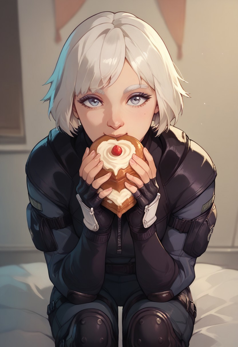 score_9, score_8_up, score_7_up, score_6_up, 
 lana, lana \(Rainbow Six Siege\), bodysuit, fingerless gloves, gloves, pants, knee pads, white hair, face forward, cute face, eating a slice of birthday cake