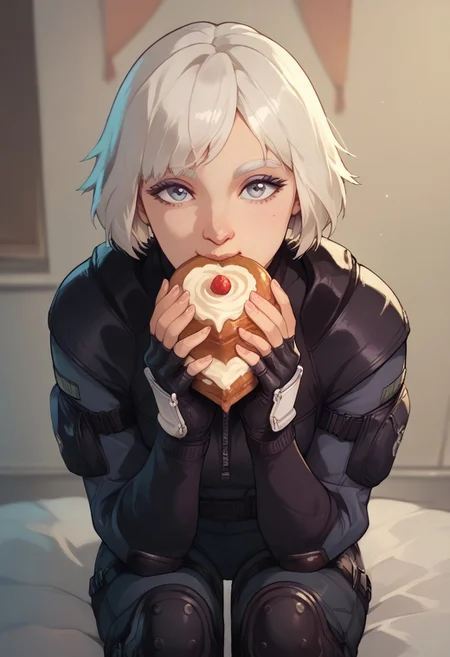 score_9, score_8_up, score_7_up, score_6_up,
lana, lana \(Rainbow Six Siege\), bodysuit, fingerless gloves, gloves, pants, knee pads, white hair, face forward, cute face, eating a slice of birthday cake