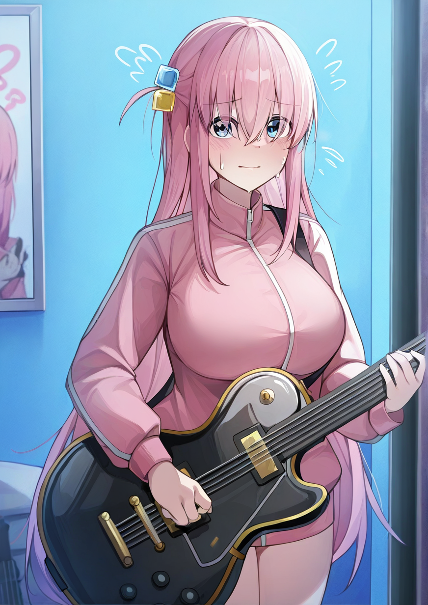 <lora:siwa:1>,1girl, gotoh hitori, detailed background, huge breasts, wide hips, blue eyes, closed mouth, cube hair ornament, electric guitar, flying sweatdrops, gibson les paul, guitar, hair between eyes, hair ornament, holding, holding instrument, instrument, jacket, long hair, looking at viewer, one side up, pink hair, pink jacket, solo, sweat, track jacket, 
very awa, masterpiece, best quality, highres, absurdes,amazing quality