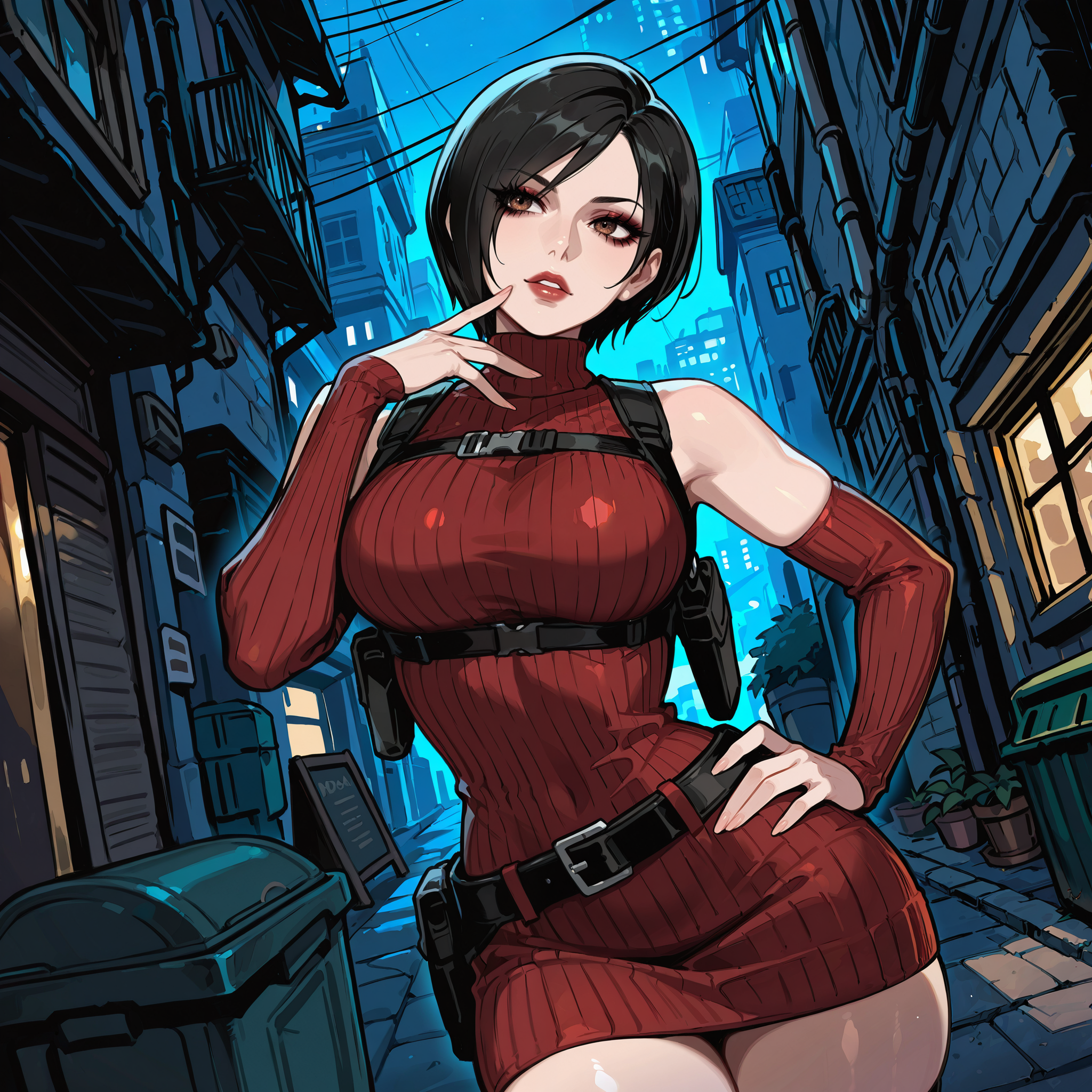 masterpiece, best quality,

eye contact:1.15, facing viewer:1.25, sexy pose, dynamic shot, dynamic angle, hand on hip, hand on lips,

BREAK

perfect character, perfect hands, perfect fingers, detailed character, detailed face, detailed eyes, detailed eyelashes, detailed lips, 

1girl, solo, mature, ada wong from resident evil, light skin color, japanese girl, black hair color, medium length hair, brown eye color, dark red colored eyeshadow, black eyeliner

fit body, almond shaped eyes, long eyelashes, round medium breasts, small narrow waist, wide hips, skindentation,

BREAK

red colored turtleneck sweater dress, ribbed pattern dress:1.25, black colored shoulder holster, loose black colored belt,

BREAK

detailed background, detailed scenery, outdoors, modern city, alleyway, in a dark alleyway, garbage:0.6, dumpster:0.6, nighttime, dark,