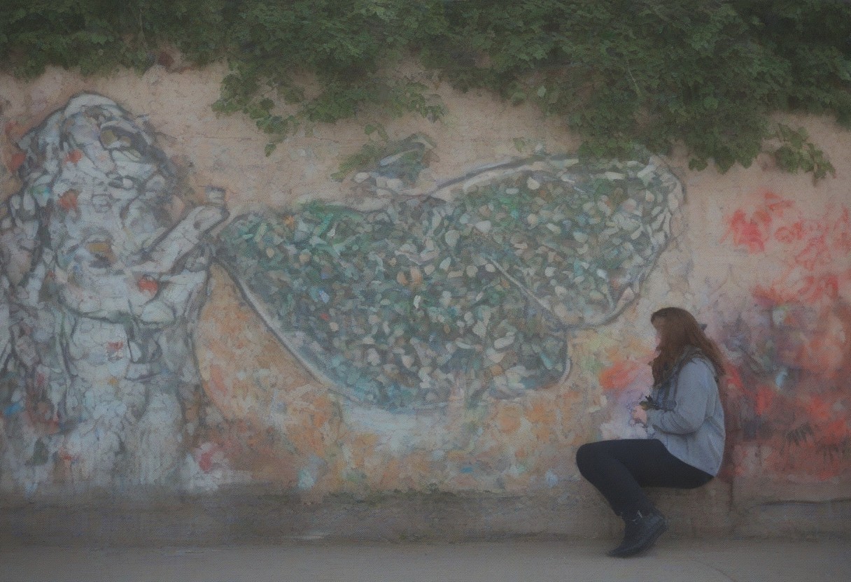 outdoors, fish, pigeon, tree, graffiti, woman, colors