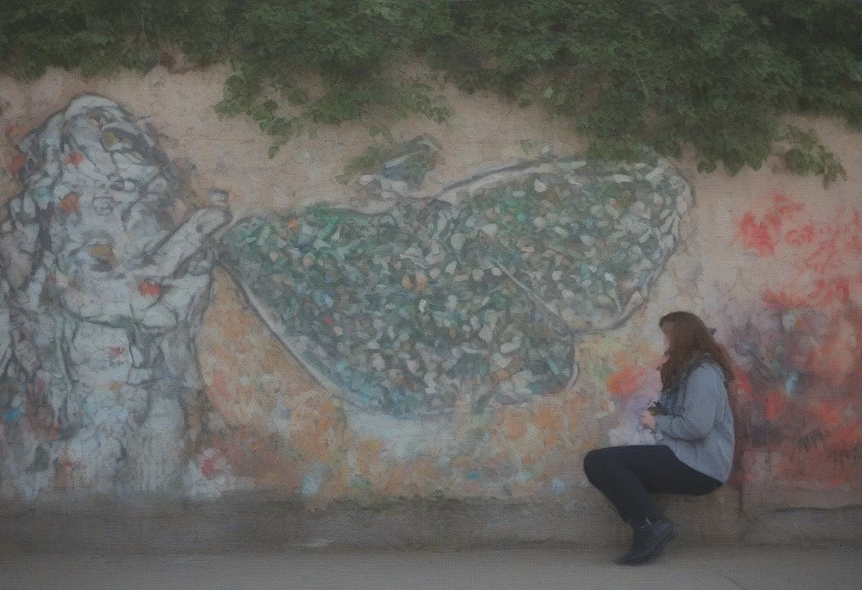outdoors, fish, pigeon, tree, graffiti, woman, colors