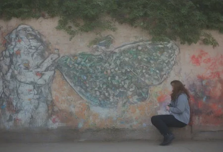 outdoors, fish, pigeon, tree, graffiti, woman, colors