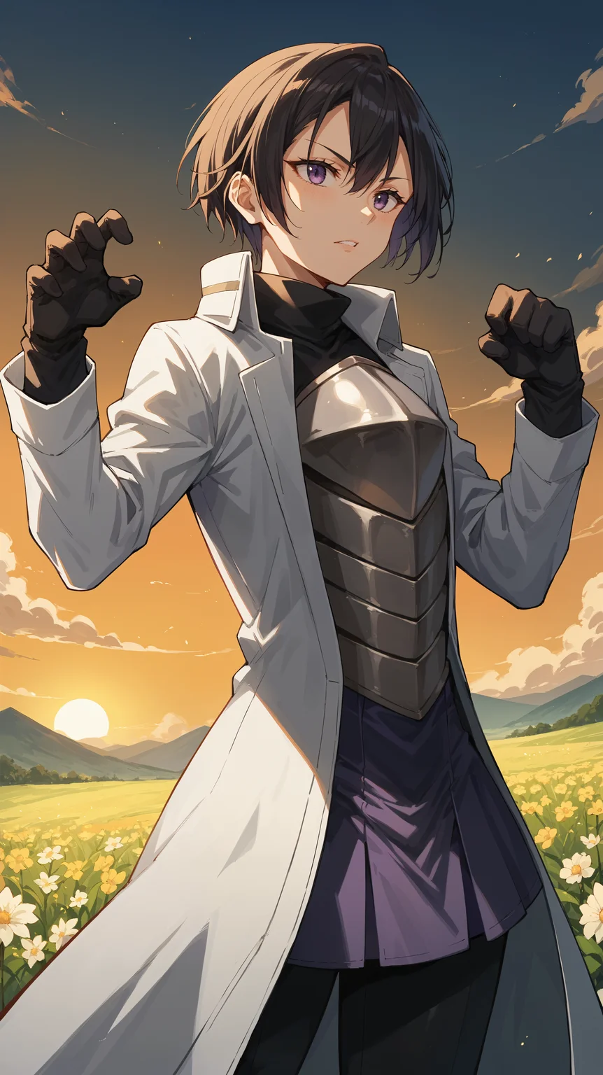 score_9,score_8_up,score_7_up,score_6_up, source_anime, zPDXL3, <lora:xl_more_art-full_v1:0.5>, girl, dynamic pose, paw pose, <lora:Hinata_Sakaguchi - Pony-000004:0.8>, white coat, long coat, steel breastplate, black pants, purple skirt, short hair, black hair, purple eyes, high collar, black gloves, flower field, sunset, pedal,