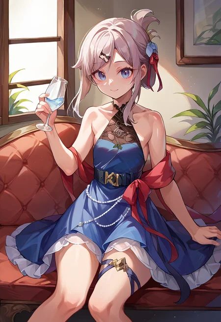 score_9, score_8_up, source_anime, 1girl, solo, 9A91Dress, short hair, folded ponytail, sidelocks, hairclip, hair ribbon, blue dress, sleeveless dress, halterneck, see-through cleavage, black belt, thigh strap, indoors, sitting, on couch, holding glass, smile, <lora:Cham9A91PonyXL:1>