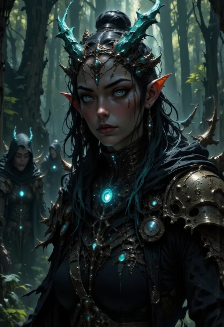 UHD 32k epic dark fantasy movie still, photograph, group of Elven assassins stealthily approaching in woods, highly detailed cinematic scene, focus on beautiful female Elven assasin leading, other elves in the distance, forest background, cinematic realism, high action pose, perfect pupils, insanely detailed faces, correct digits, realistic skin, intricately detailed, dimly lit, hair backlight, ear backlight, volumetric lighting, perfect eyes, perfect pupils, expressive eyes, texture, Cinematic style, Beauty, Realism, Photorealism, Chiaroscuro, High quality, mythp0rt