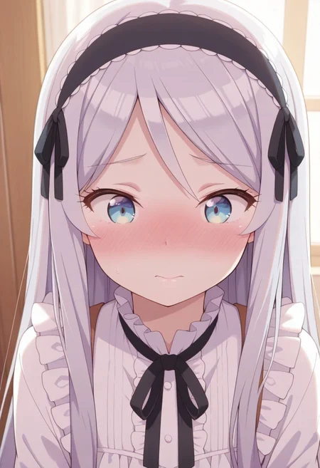 masterpiece,best quality,amazing quality, houjou shisei, long hair, blue eyes, grey hair, 1girl, blush, solo, hairband, closed mouth, black hairband, frills, nose blush, black ribbon, upper body