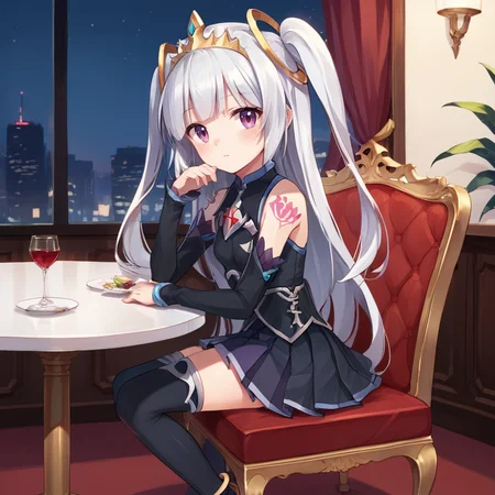 score_9, score_8_up, score_7_up, source anime, BREAK, sitting in chair, <lora:Ivris:0.8> , ivdef, 1girl, long hair, very long hair, white hair, two side up, sidelocks, purple eyes, tiara, hair ornament, fake animal ears, bare shoulders, shoulder tattoo, sleeveless dress, halterneck, long dress, black dress, high-low skirt, purple skirt, pleated skirt, skirt under dress, detached sleeves, black sleeves, sleeves past wrists, anklet, thighhighs, black thighhighs, looking at viewer, night, restaurant, from side, <lora:backgroundsetXL:0.2> , background, (solo), <lora:hand 4:0.4> , Hand, hands, perfect hands,