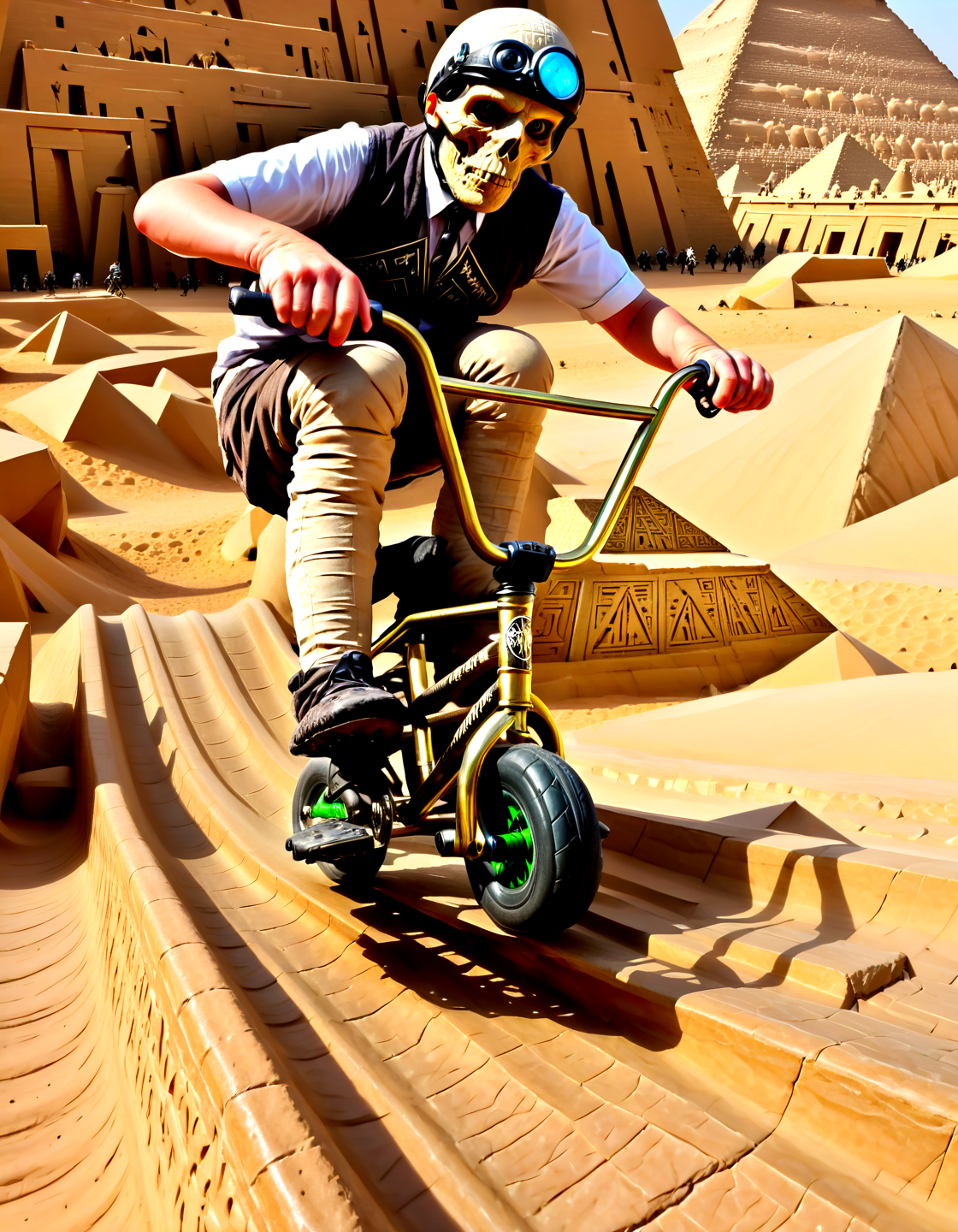H.P. Lovecraft book cover a mummy riding a mini bmx, egypt, pyramids, sphinx, sand, sandstorm ,,. Unnamable ancient one, incomprehensible sanity-blasting geometries, cosmic horror