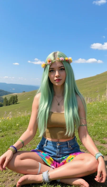 Generate an anime image of a hippie girl.
She has long, flowing mint green hair with a flower crown.
She wears a denim mini skirt with prismatic colors and radiant patterns.
She is wearing beaded wristbands. She is wearing a peace sign necklace.
She sits cross-legged on a hillside overlooking a vibrant meadow.
She has realistic skin that is not flawless. She has Slanted silver eyes. She has a nostril narrow nose. She has a broad chin. She has a full Conical breasts. She has natural unshaven body hair. She has not recently showered, her skin may be a little bit dirty. She wears little make-up except for her lip gloss. She has painted fingernails