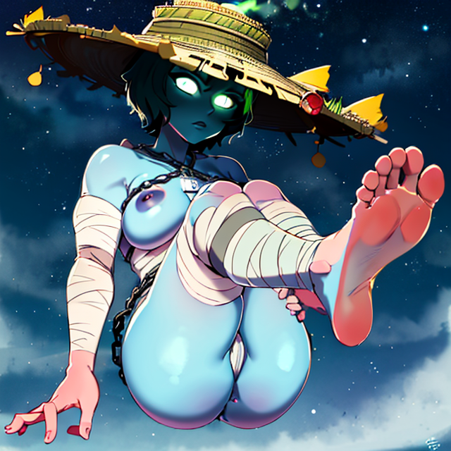 Kasumi, light blue skin, short green hair, medium breasts,(barefoot),(glowing  blue eyes), feet focus, ass, areola slip, floating in the air,  presenting feet,
KasAttire, bandages, bandaged leg, straw hat, moss green Japanese clothes, chain and lock jewelry
night sky,
(insanely detailed, beautiful detailed face, masterpiece, best quality)     <lora:qqq-lick_my_feet-v2:0.7>  <lora:kasumi-10:0.7>